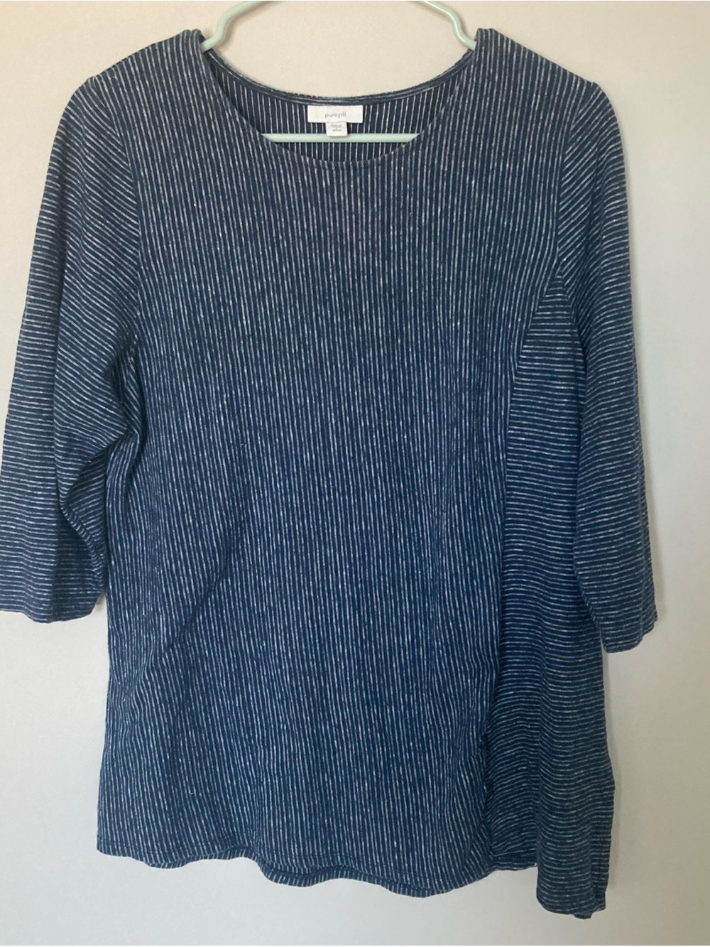 Pure J. Jill Navy White Pinstripe Tunic Knit Top LP Hemp Organic Cotton Flax
